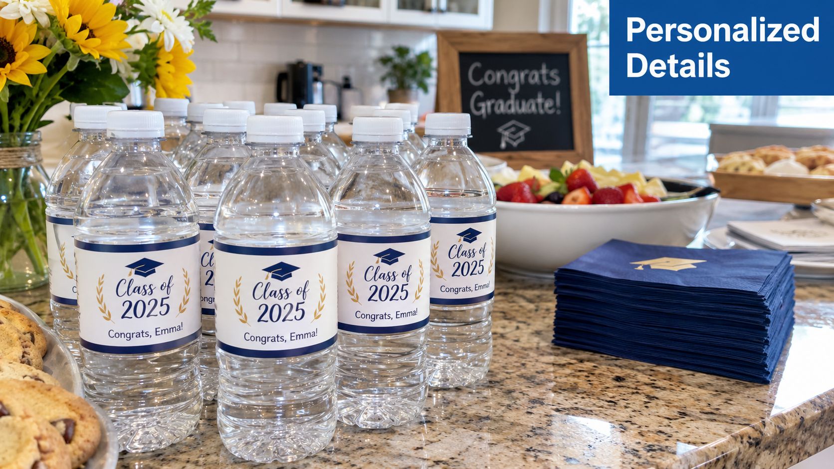 A table setup for a graduation party featuring custom water bottles with Class of 2025 labels.