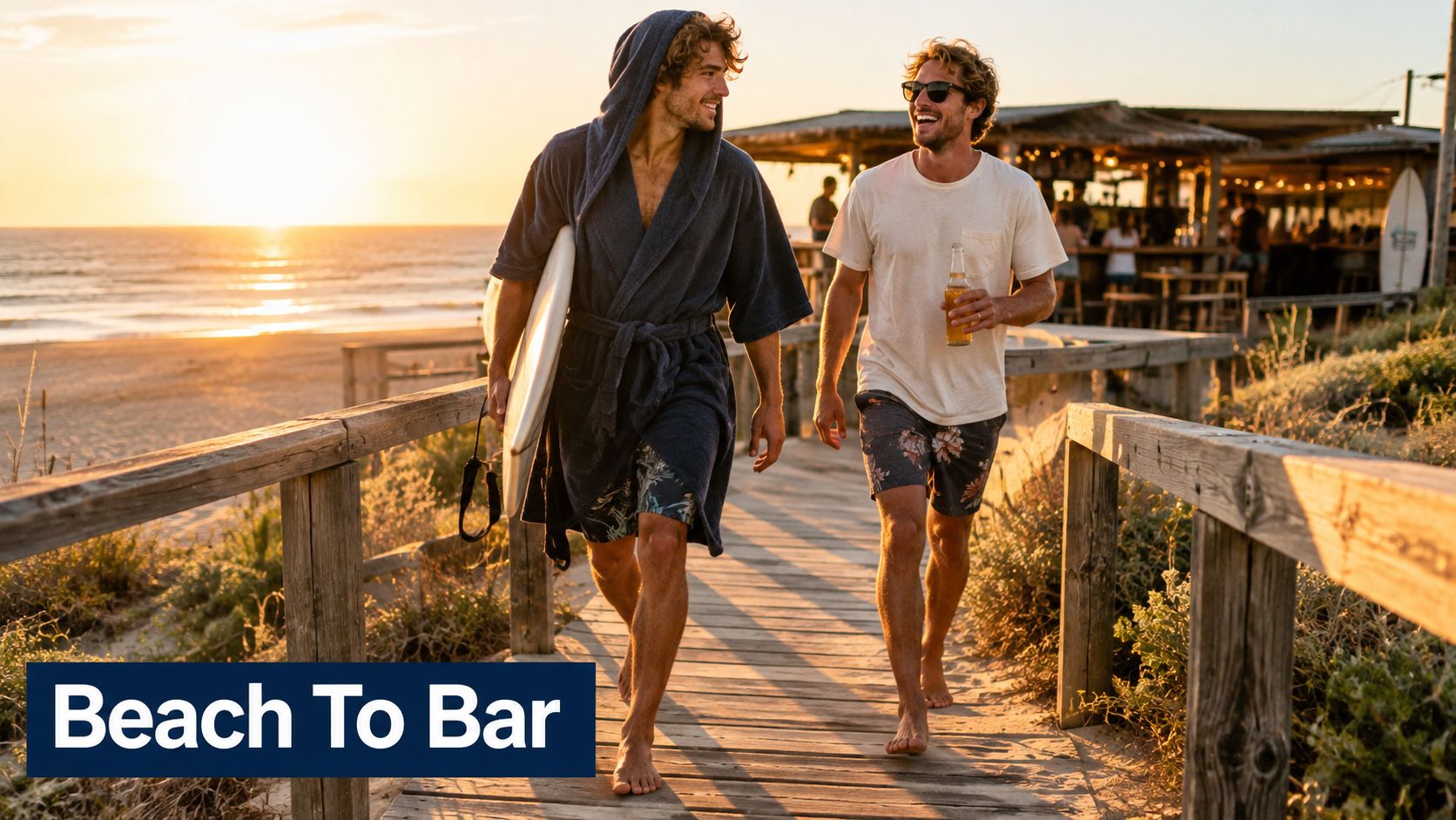 Two friends walking on a wooden boardwalk at sunset, one wearing a hooded surf dressing gown.