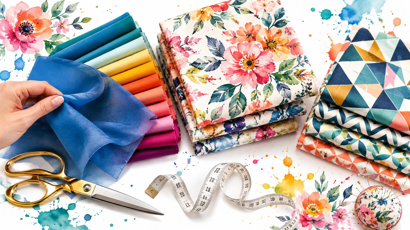 A hand touches a blue fabric swatch next to stacks of patterned quilting cotton fabrics and scissors.