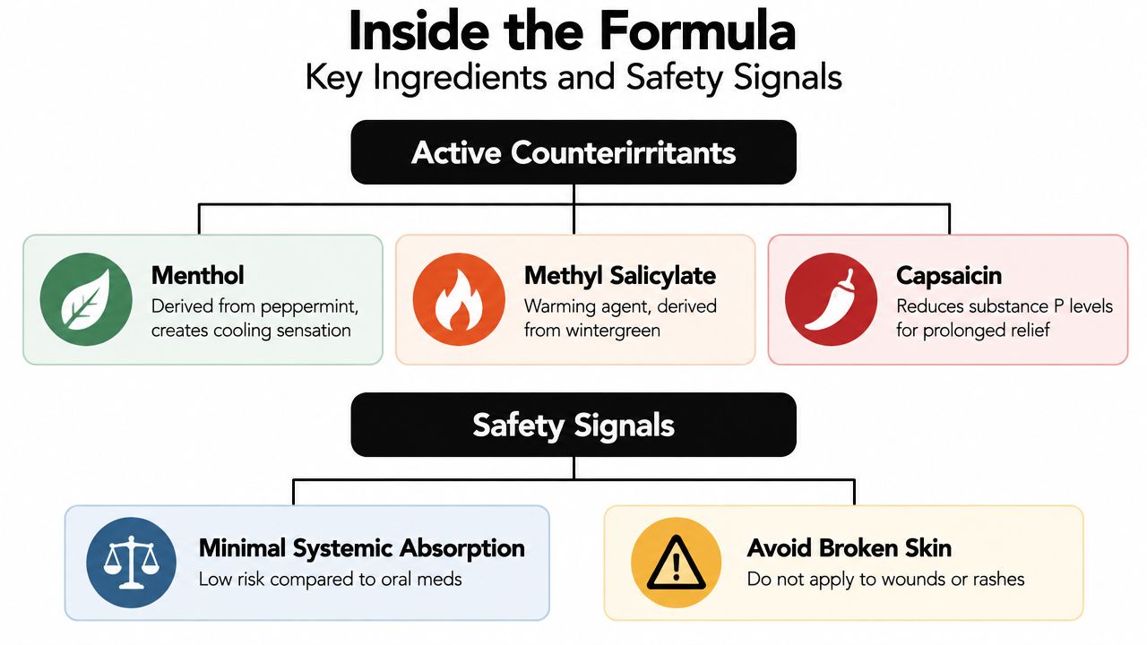 An infographic titled Inside the Formula explaining active counterirritants like menthol and capsaicin and safety considerations.