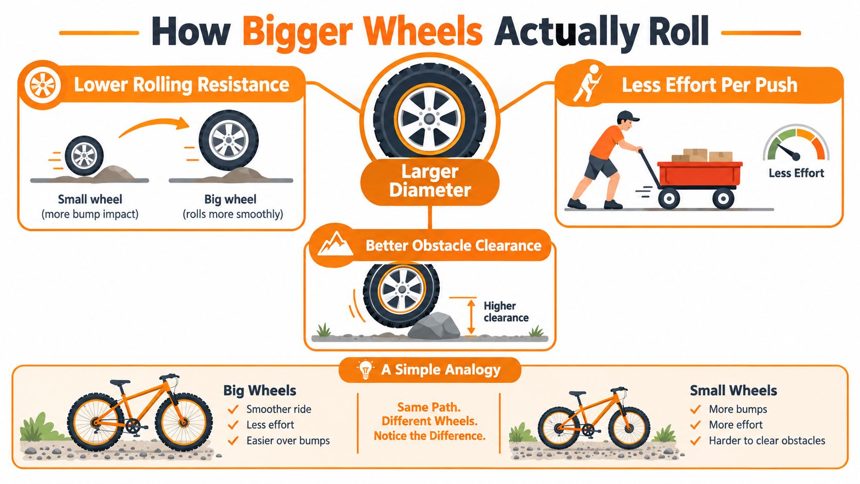 An infographic showing the performance benefits of larger wheels compared to smaller ones on uneven terrain.