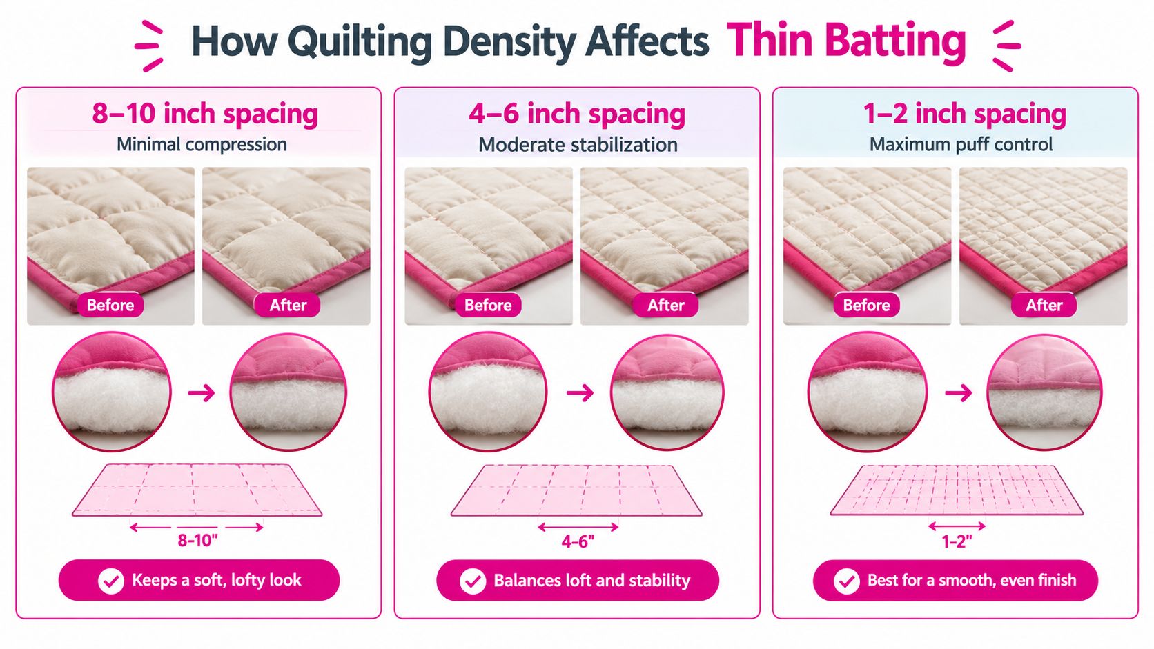 A comparison chart showing how different quilting density spacing affects the thickness and texture of thin batting.