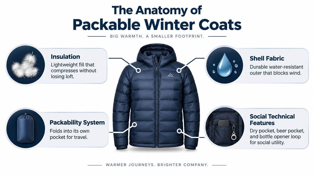 An infographic detailing the anatomy of a blue packable winter coat with key features and benefits labeled.