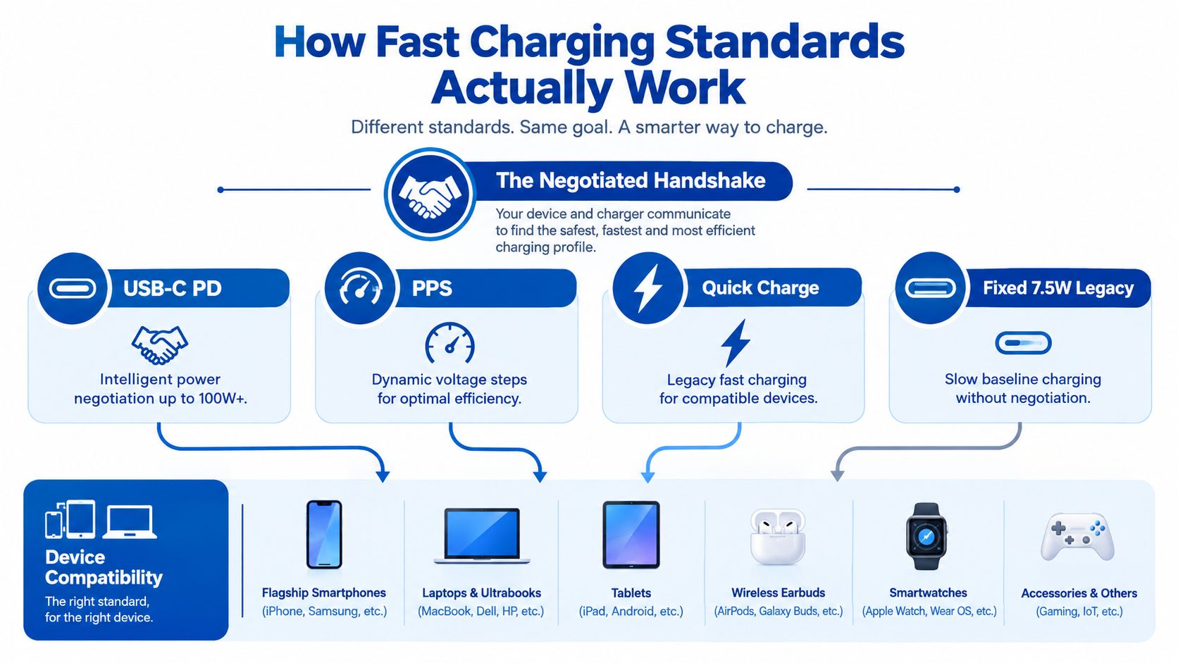 An infographic explaining how fast charging standards like USB-C PD, PPS, and Quick Charge work for devices.
