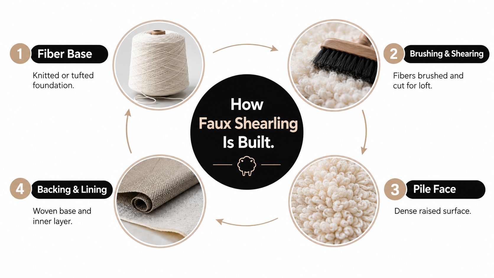 An infographic illustrating the four step process of how faux shearling material is constructed and manufactured.