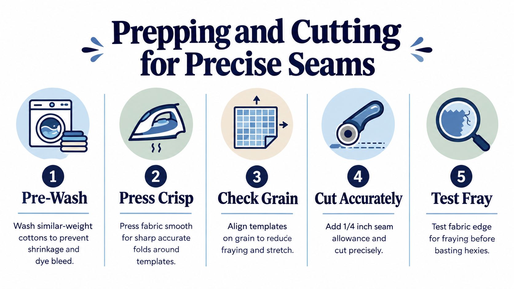 A step-by-step guide on how to prepare and cut fabric for English paper piecing and quilting.