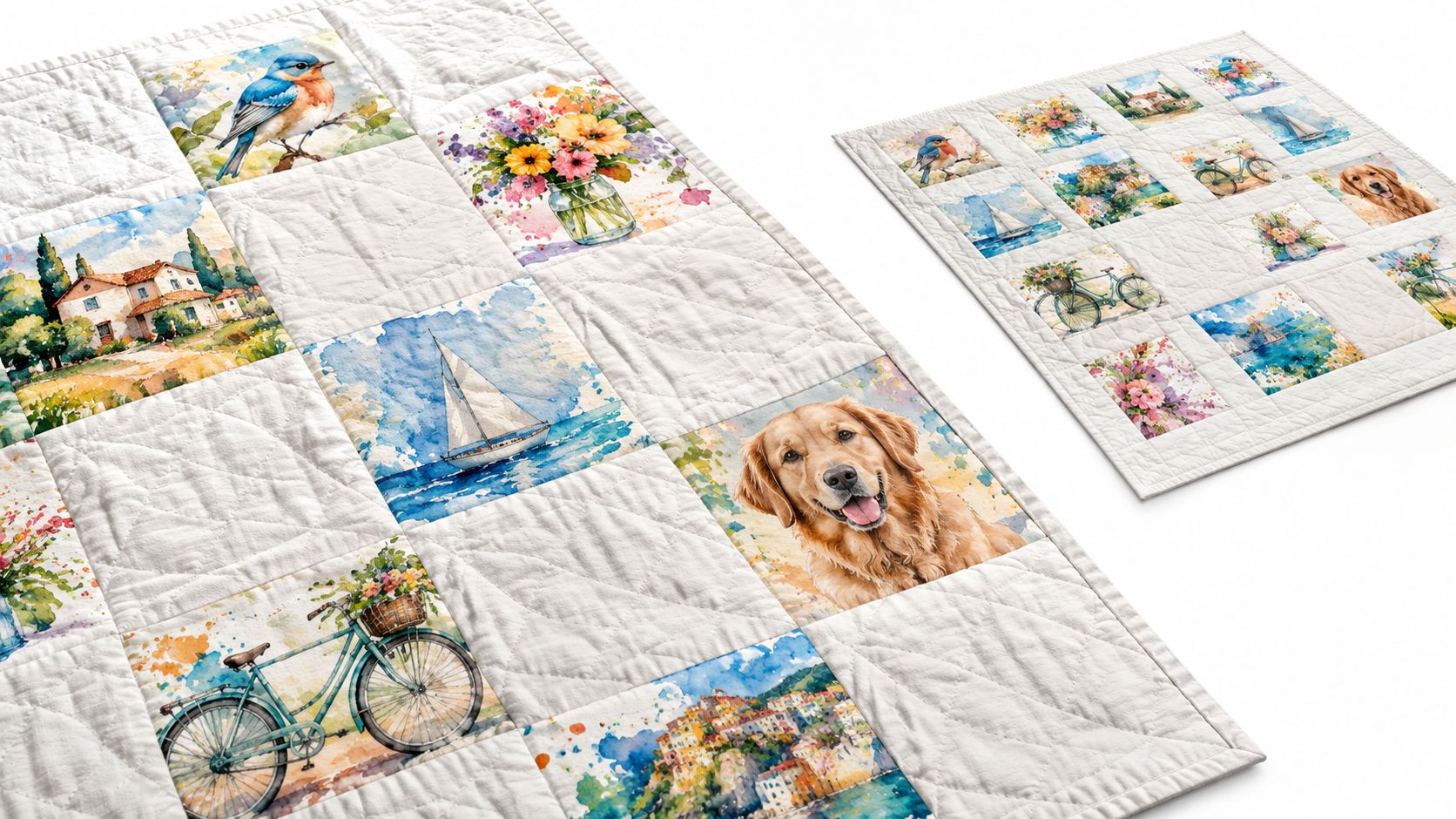 Two quilted blankets featuring a pattern of colorful watercolor illustrations including birds, flowers, houses, and golden retrievers.