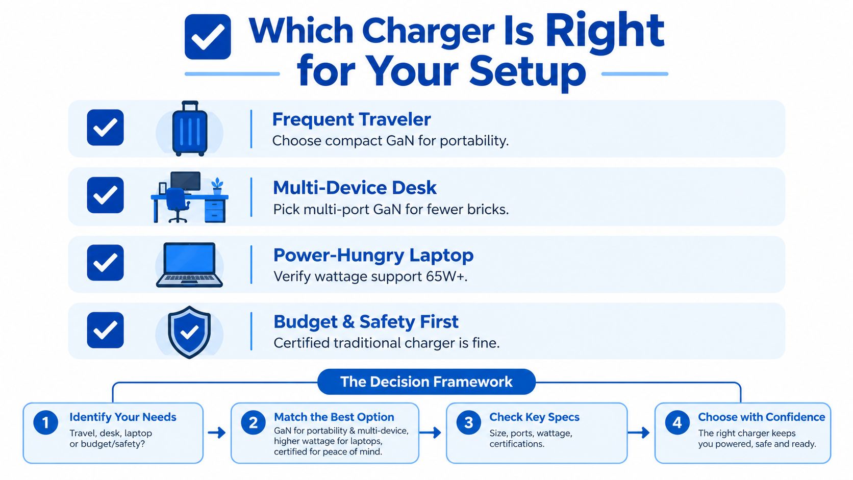 A decision framework infographic for choosing the right charger based on travel needs, desk setup, or device power.