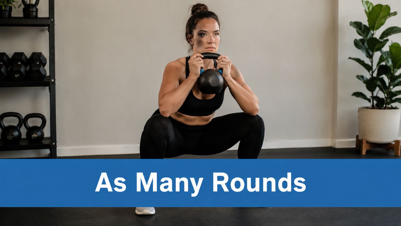 A fit woman performing a deep goblet squat holding a kettlebell in a gym setting