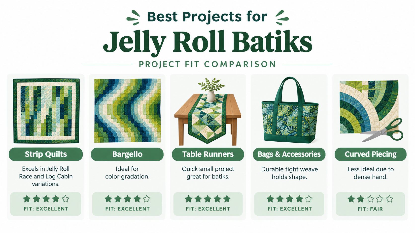 A project fit comparison chart showcasing the best craft projects for using colorful jelly roll batik fabrics.
