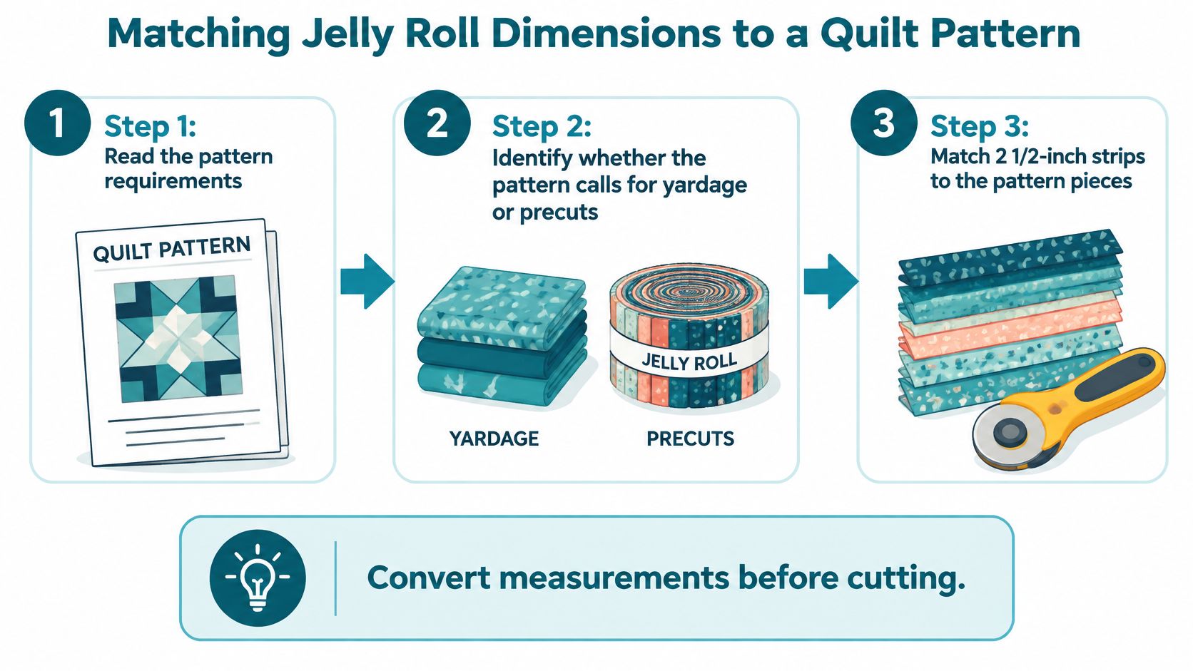A three-step infographic explaining how to match jelly roll fabric dimensions to a quilt pattern.