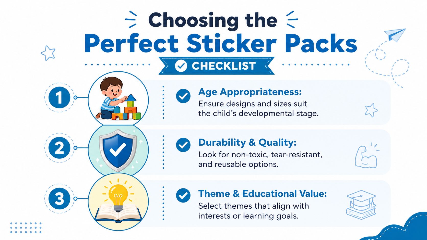 A checklist guide for choosing the perfect sticker packs for children, featuring helpful tips on age and quality.
