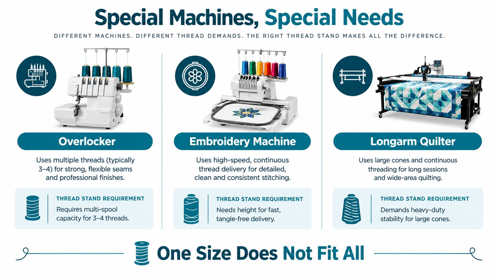 An infographic comparing thread stand requirements for overlockers, embroidery machines, and longarm quilting machines in sewing.