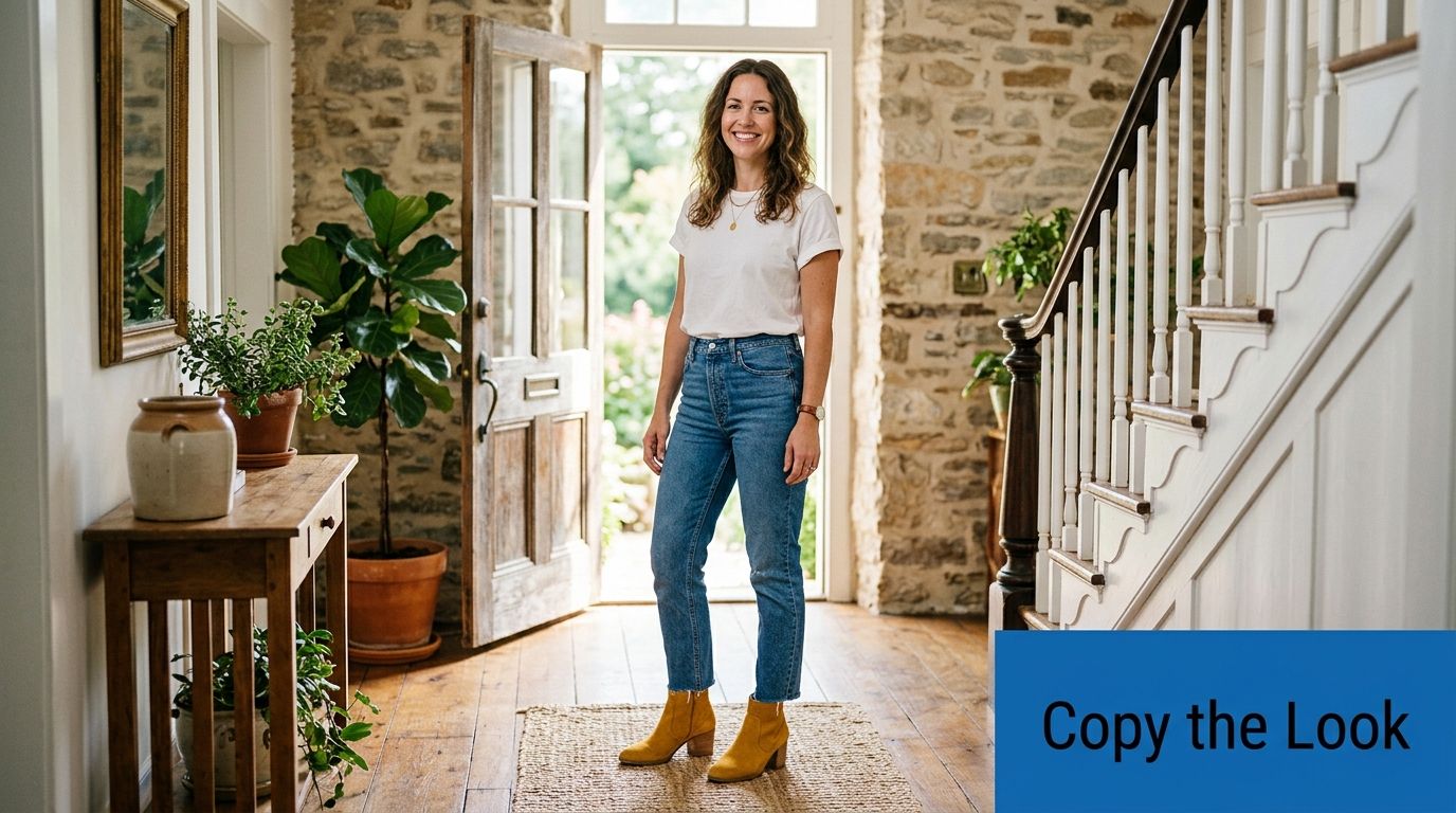 A woman wearing a white t-shirt and blue jeans paired with stylish yellow ankle boots standing indoors.