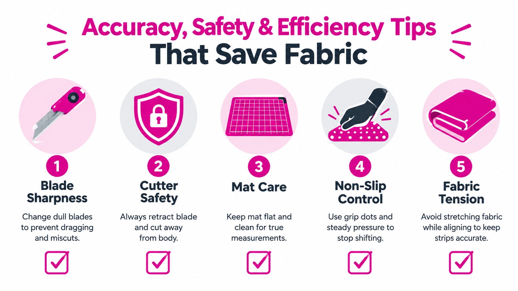 A colorful infographic illustrating five essential safety and accuracy tips for fabric cutting during quilting projects.