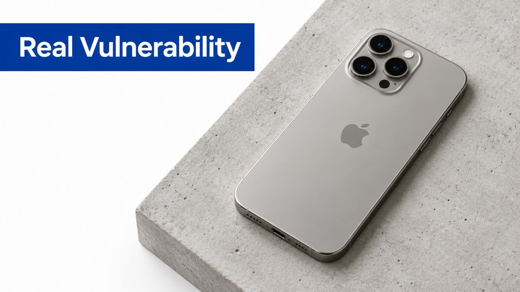 A silver iPhone 15 Pro Max resting on a textured concrete surface with a blue text overlay.
