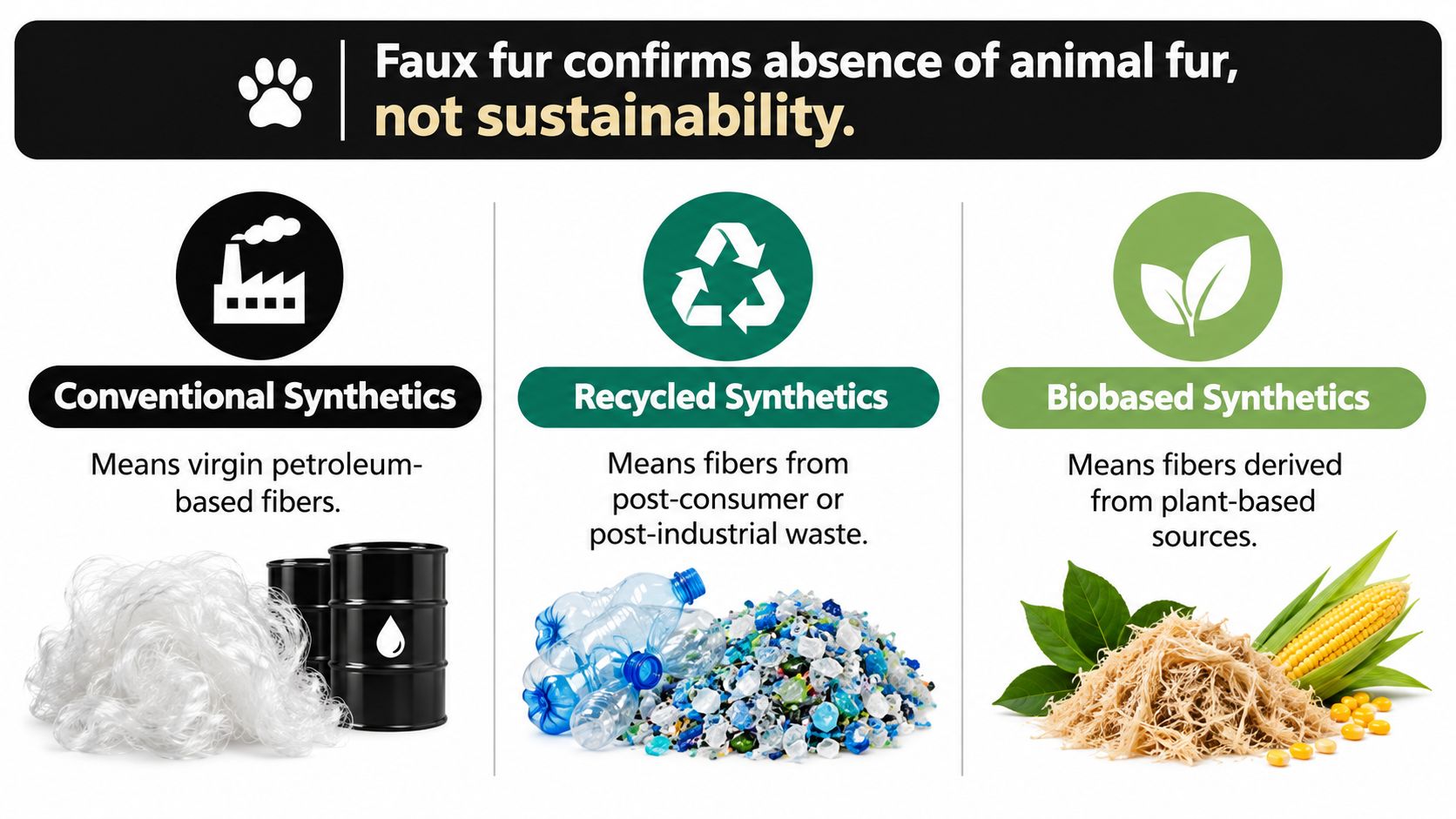 An infographic showing that faux fur is made from either conventional, recycled, or biobased synthetic fibers.