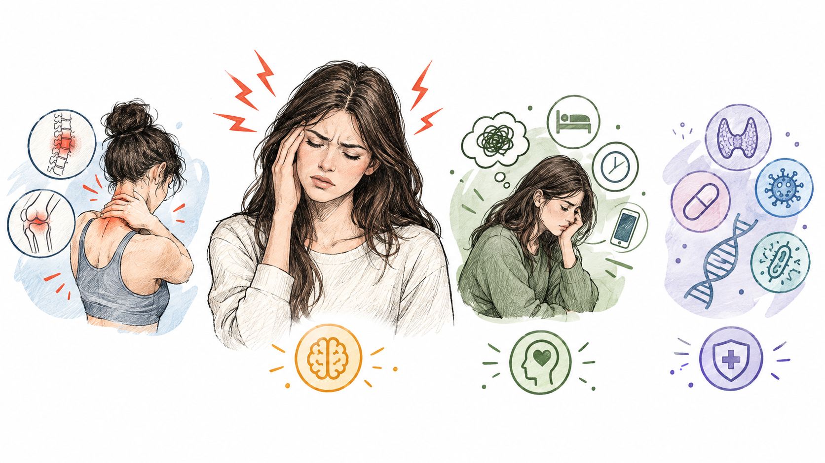 A digital illustration showing a woman experiencing various health symptoms including pain, fatigue, and mental stress.