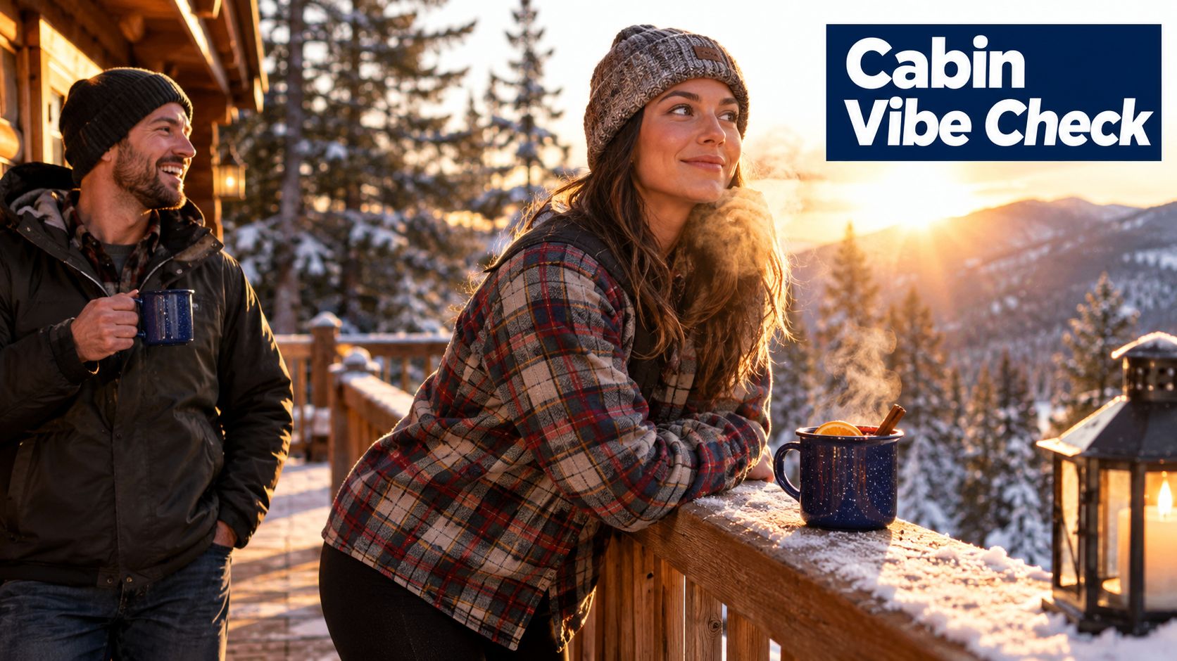 A couple enjoying hot drinks on a snowy cabin porch while watching the winter sunset outdoors.