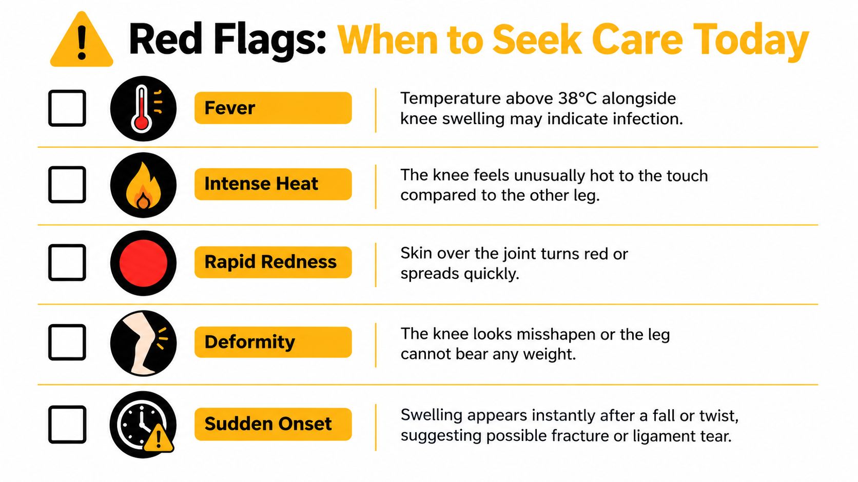 A red flag health infographic listing urgent symptoms for knee joint pain requiring immediate medical attention.