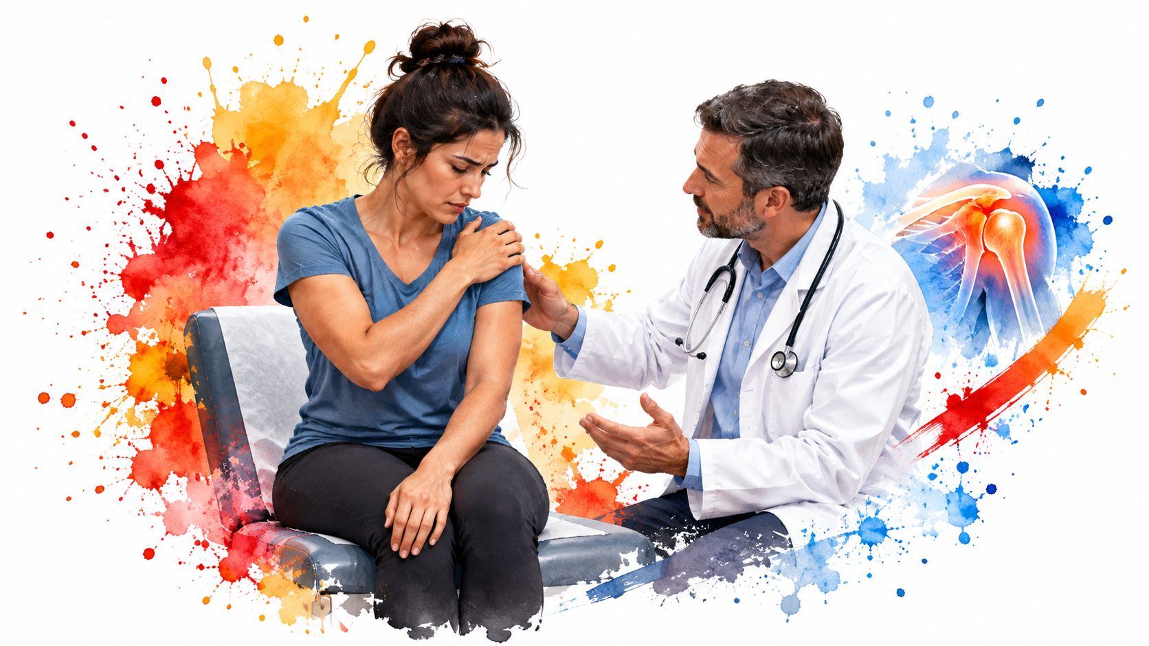 A doctor examines a patient holding her shoulder while discussing potential muscle or joint pain symptoms.