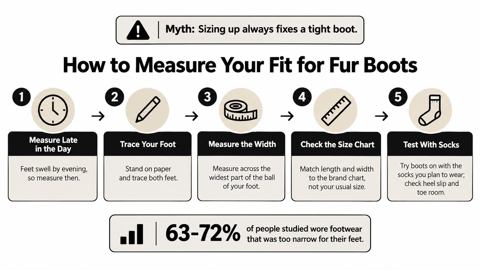 A five-step infographic showing how to correctly measure feet to ensure a proper fit for fur boots.