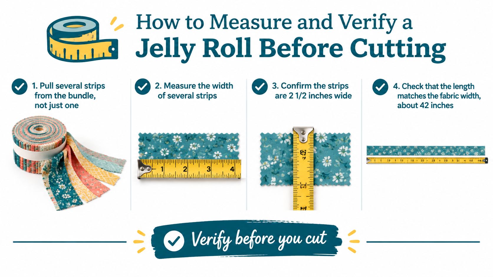 A step-by-step infographic showing how to measure and verify jelly roll fabric strips before sewing.