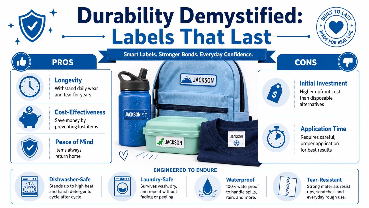 An infographic comparing the pros and cons of durable labels for personal items like lunchboxes and clothing.