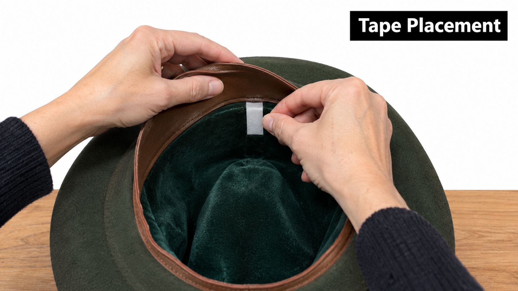 A person applying a piece of white hat size reducer tape inside the inner lining of a hat.