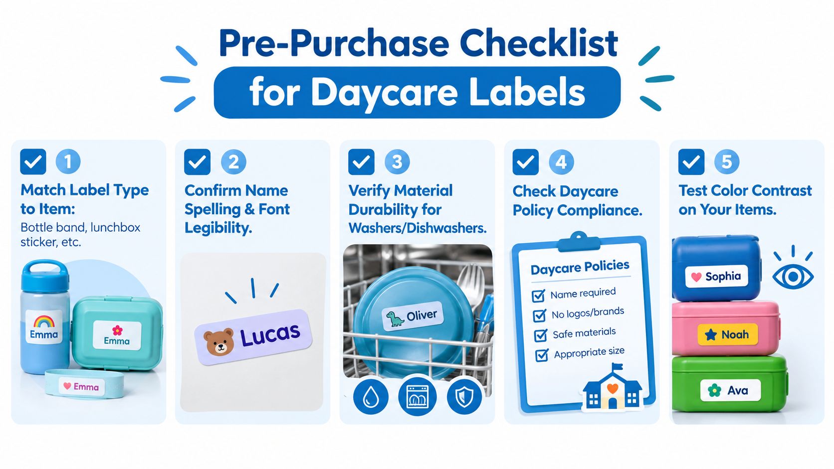 A checklist of five essential steps to consider before purchasing custom labels for children's daycare items.