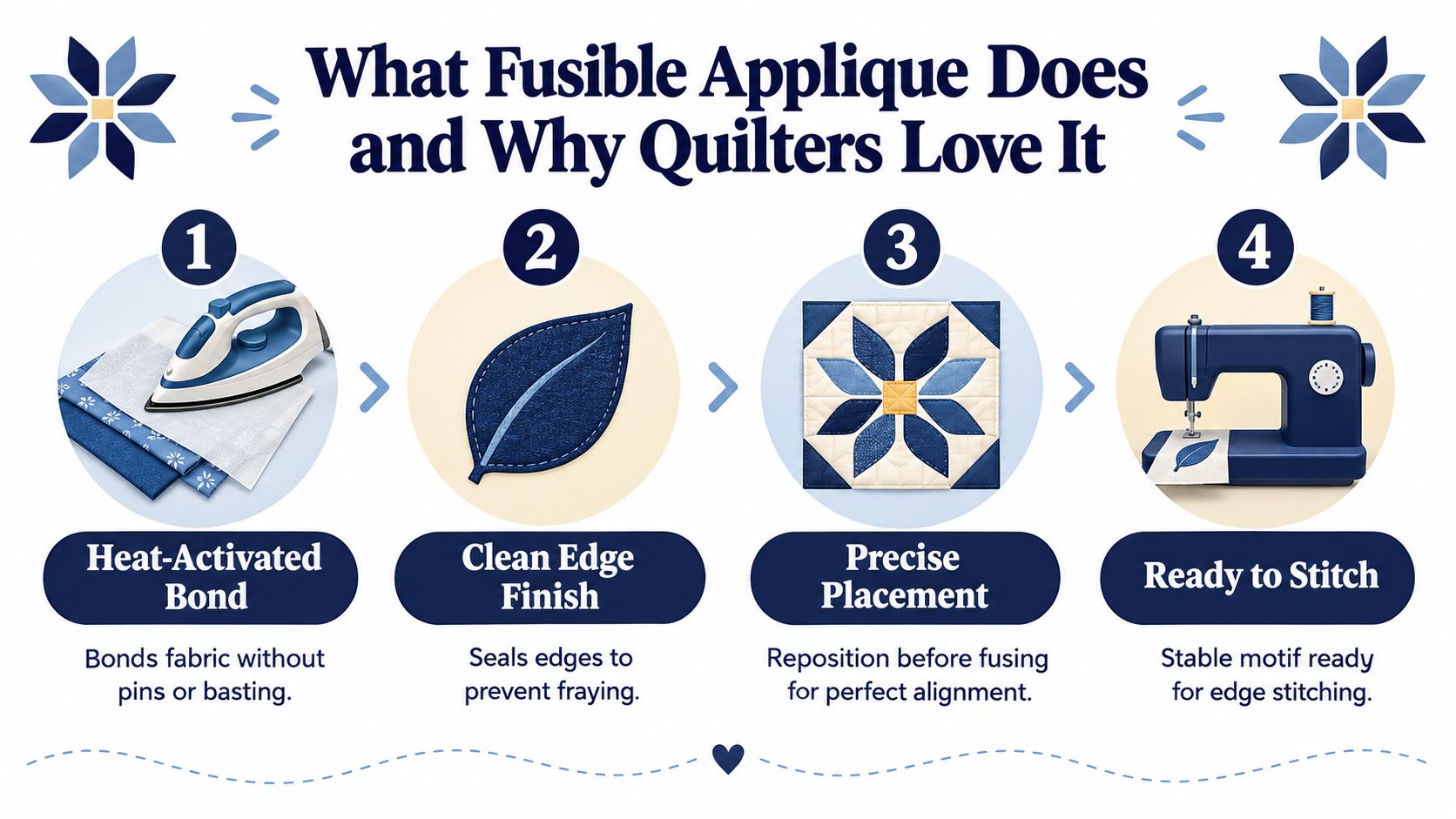 A four-step infographic explaining the benefits and process of using fusible applique for quilting projects.