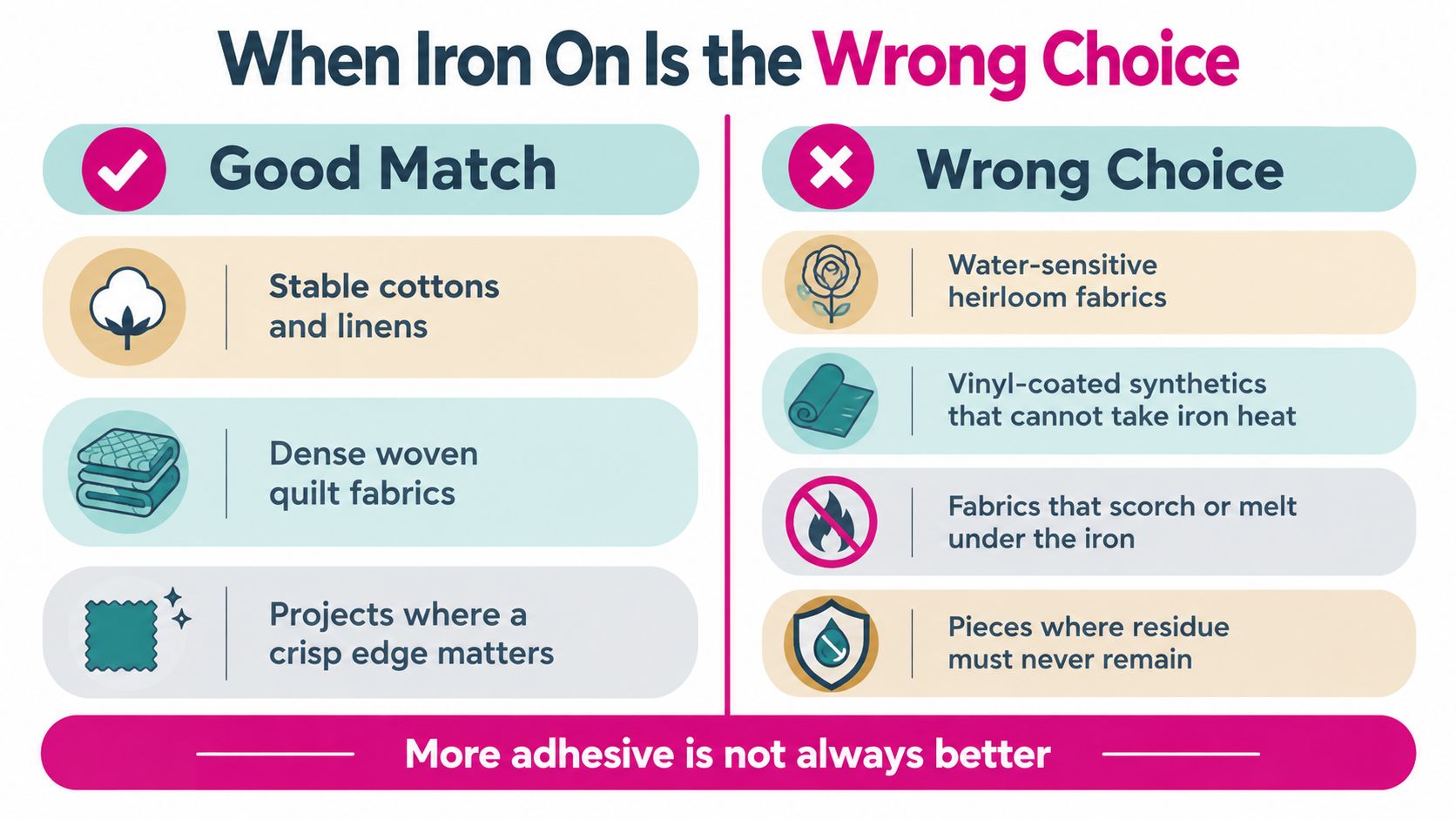 An infographic titled When Iron On Is the Wrong Choice, comparing suitable and unsuitable fabric applications.