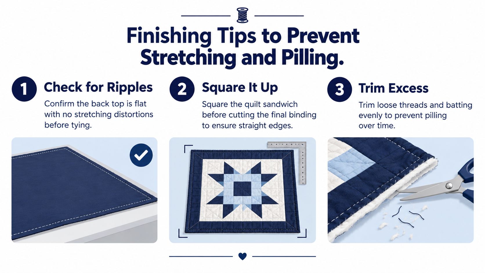 A guide on finishing a quilt featuring three steps to prevent stretching and pilling during the process.