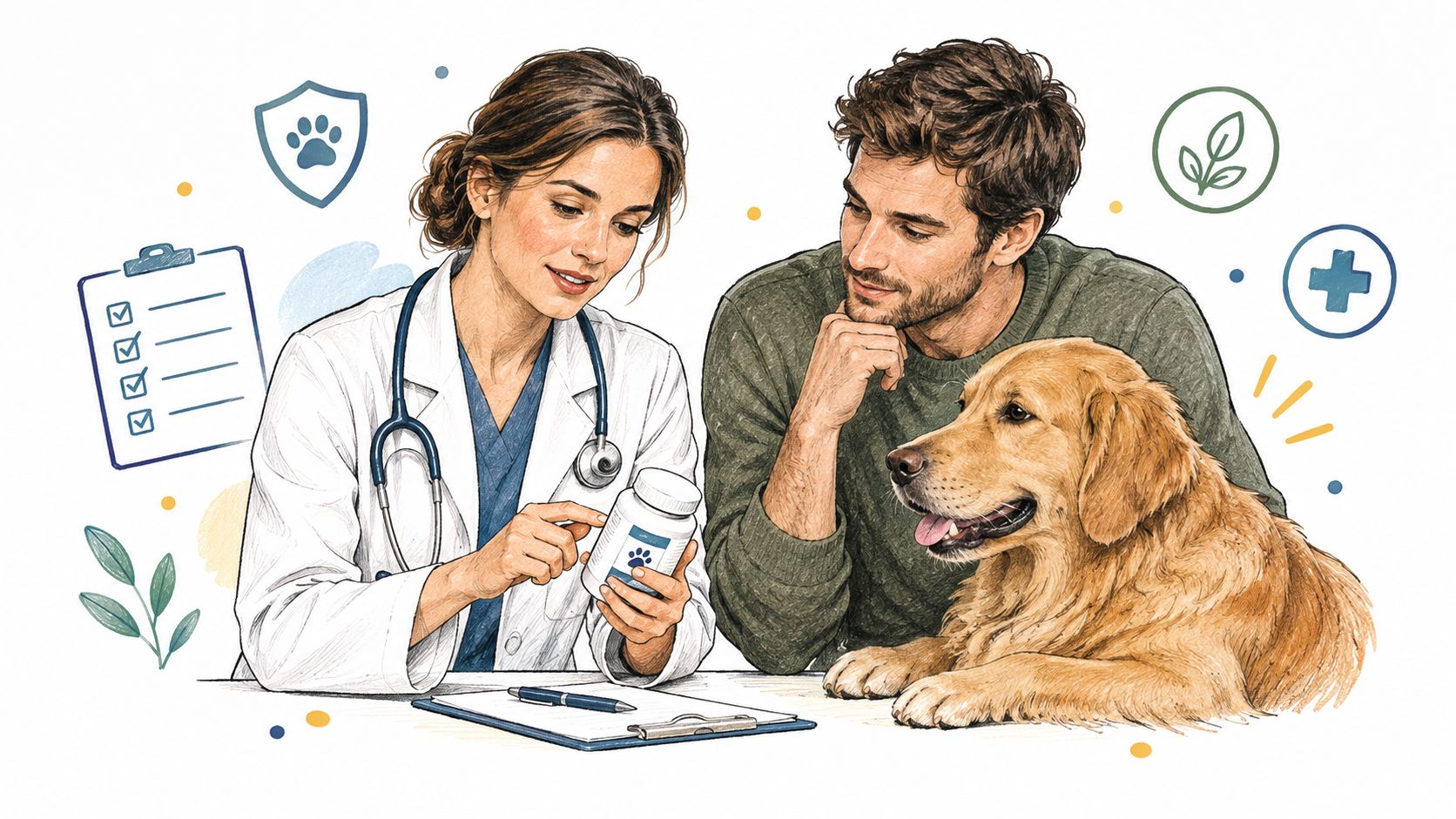 A veterinarian discussing natural calming supplements for a golden retriever with the dog's caring male owner.
