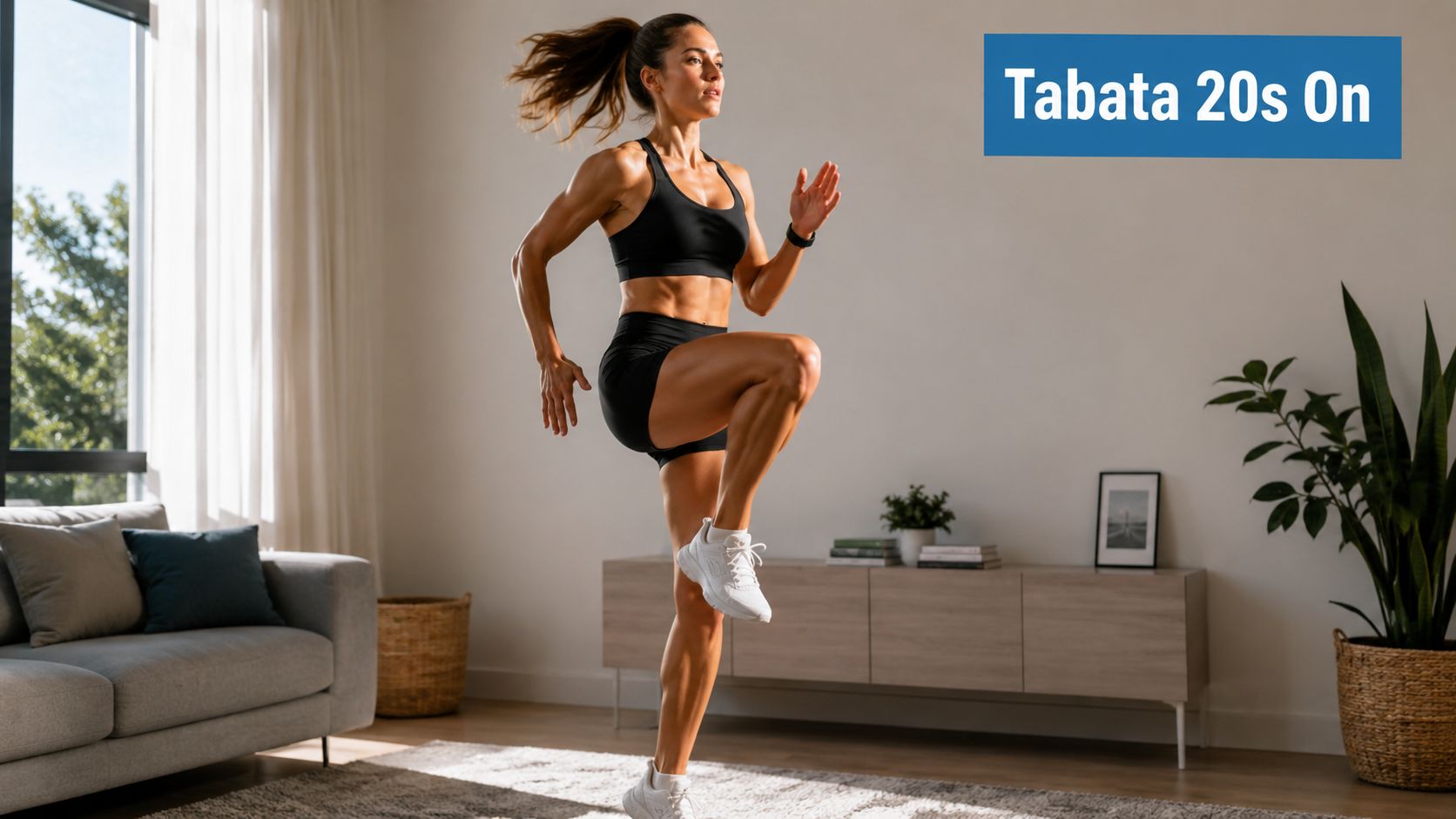 A fit woman in athletic wear performing high knees exercise during a HIIT workout at home.