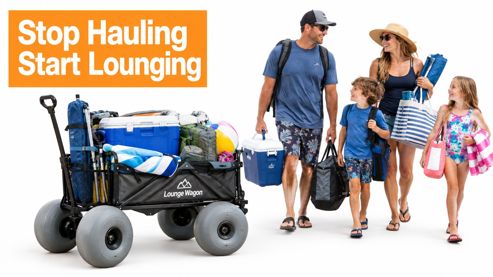 A family walks next to a fully loaded Lounge Wagon on a white background.