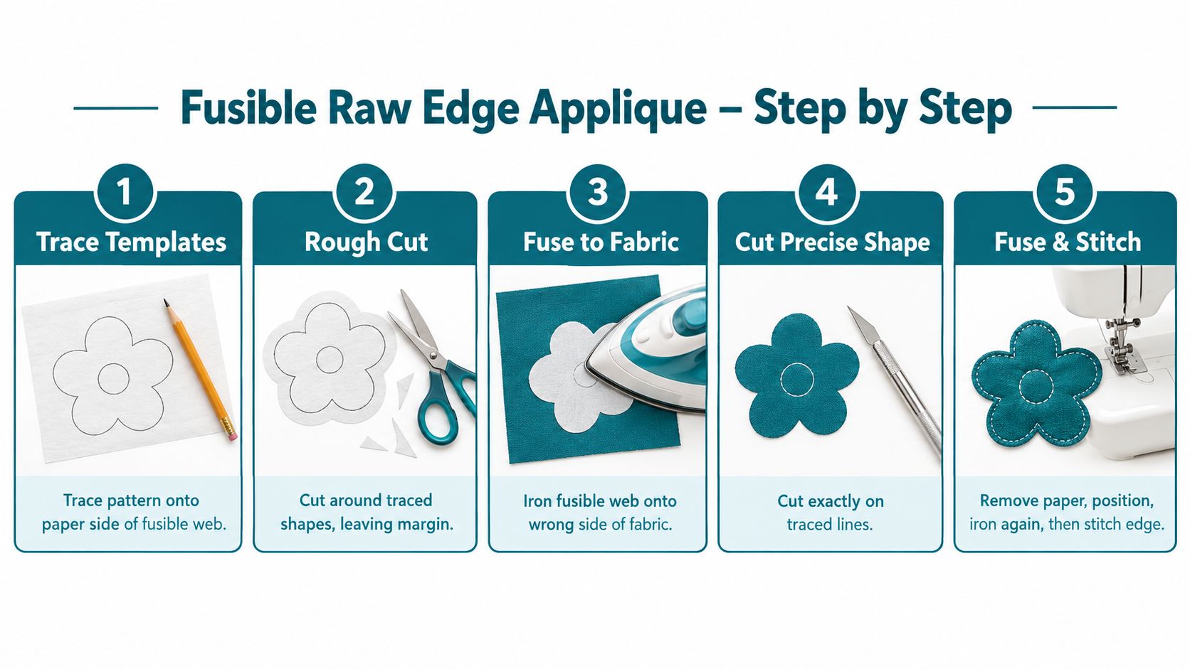 A five-step guide illustration showing the process of creating a fusible raw edge applique on fabric.