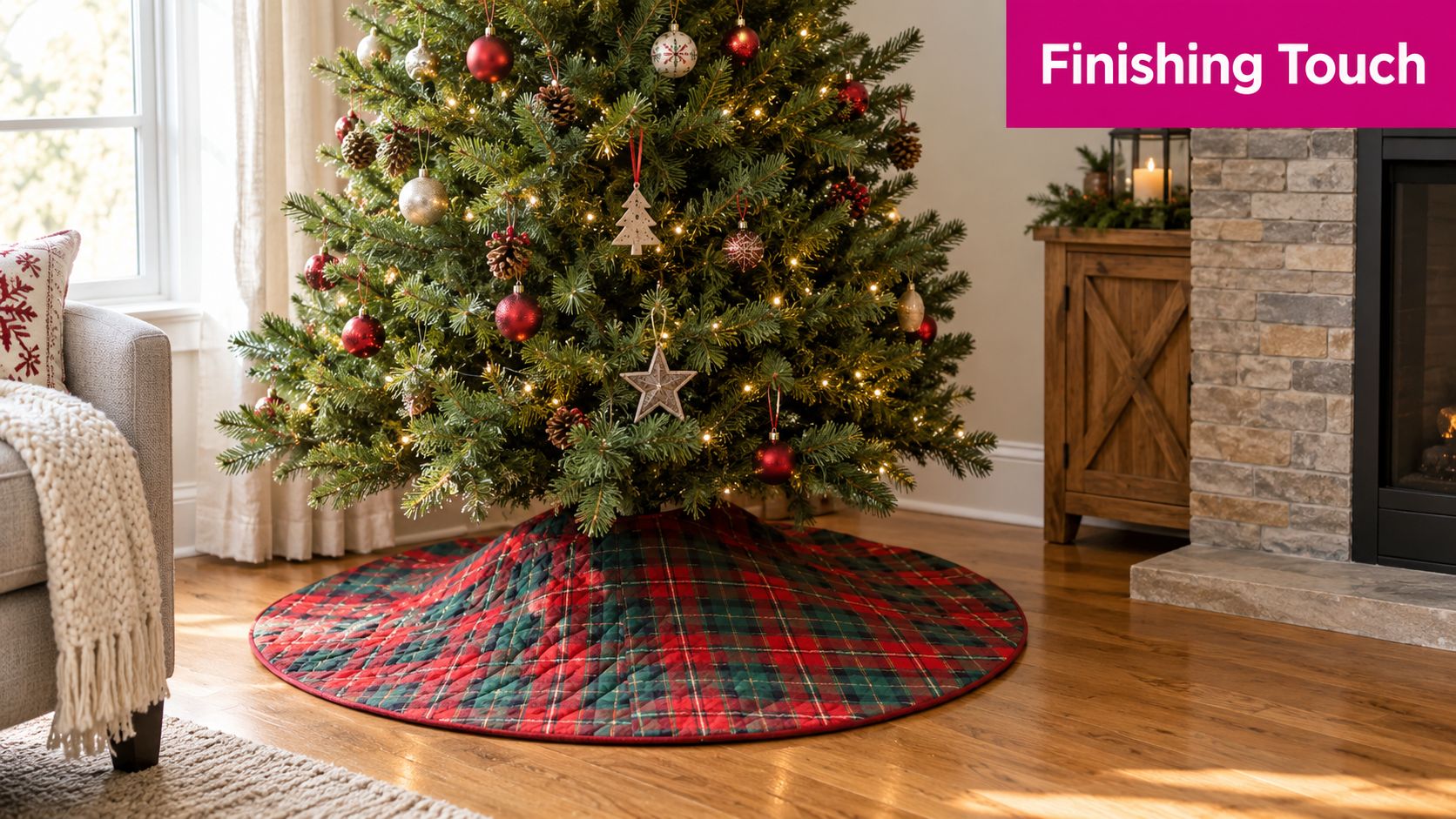 A decorated Christmas tree standing on a wooden floor with a plaid fabric tree skirt underneath.