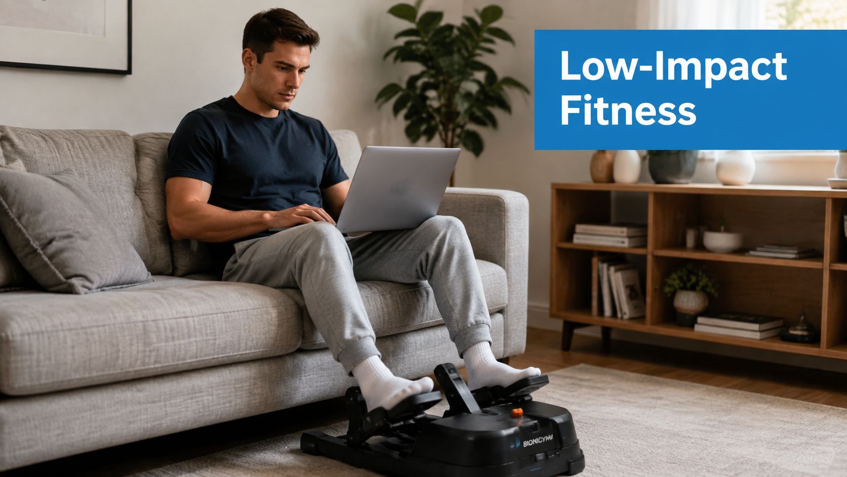 A man sits on a sofa using a laptop while exercising with an under-desk elliptical trainer.
