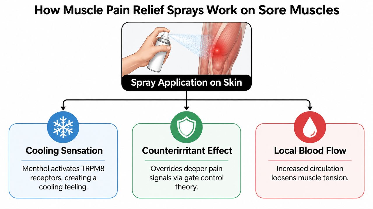 An infographic showing how muscle pain relief sprays work through cooling, counterirritant, and improved blood flow.