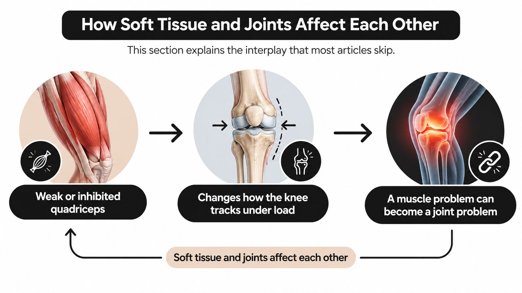A diagram illustrating how weak quadriceps muscles can negatively affect knee joint tracking and cause joint pain.