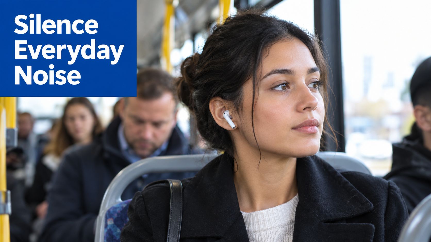 A young woman wearing wireless earbuds while sitting on a public bus to silence everyday noise.