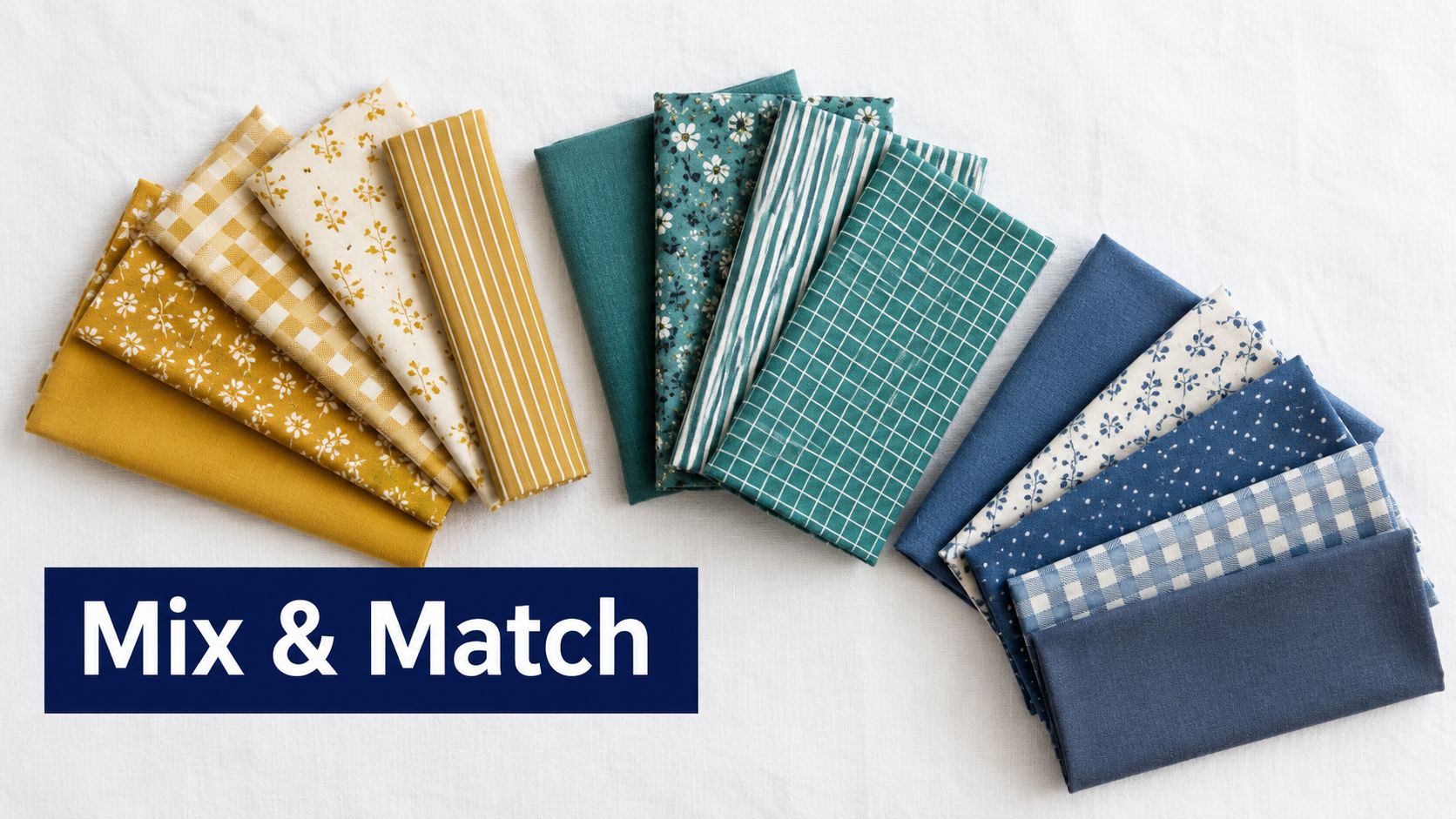A curated collection of folded fabric squares in mustard yellow, teal green, and navy blue color palettes.