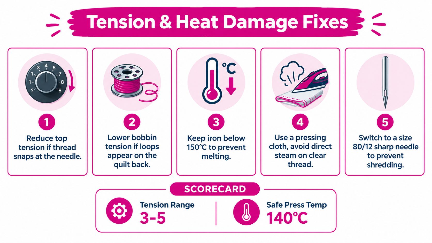 An infographic titled Tension and Heat Damage Fixes featuring five sewing tips and a scorecard summary.