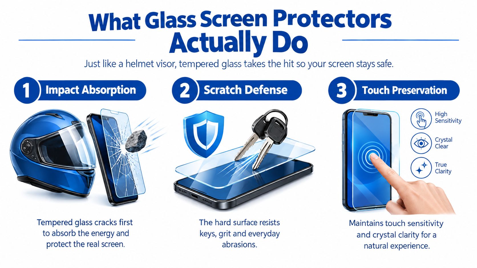 An infographic showing how tempered glass screen protectors provide impact absorption, scratch defense, and touch preservation.