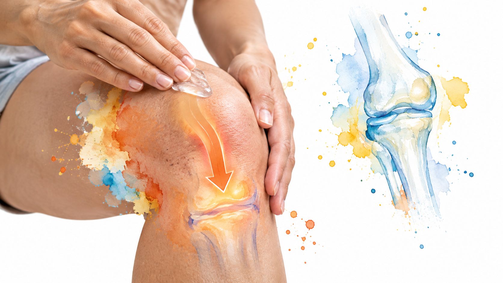 A person applying a topical treatment to a swollen knee with a diagram of joint pain relief.