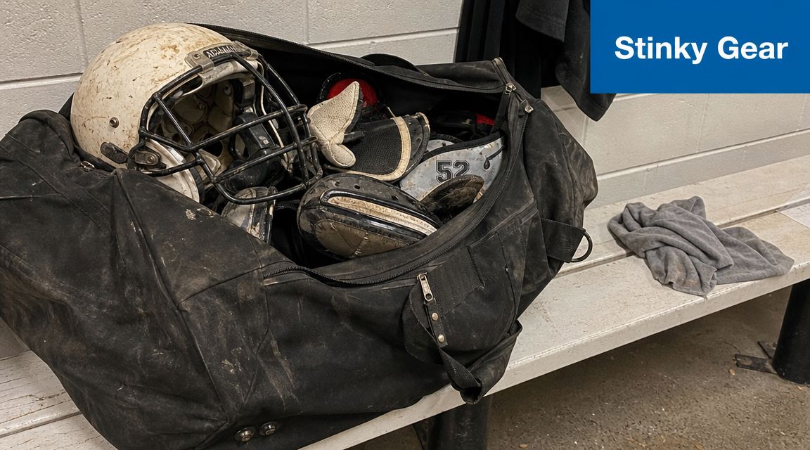 A dirty, well-used football helmet and athletic gear packed inside a black duffel bag on a bench.