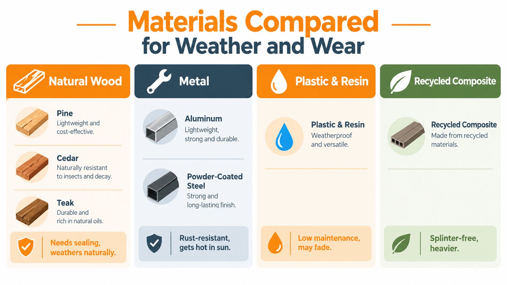 A comparison chart outlining the pros and cons of different materials for outdoor picnic bench furniture.