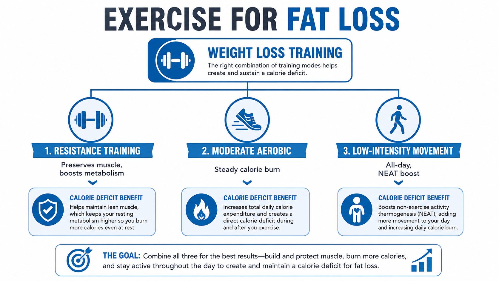 An infographic showing that weight loss training includes resistance training, moderate aerobic exercise, and low-intensity movement.