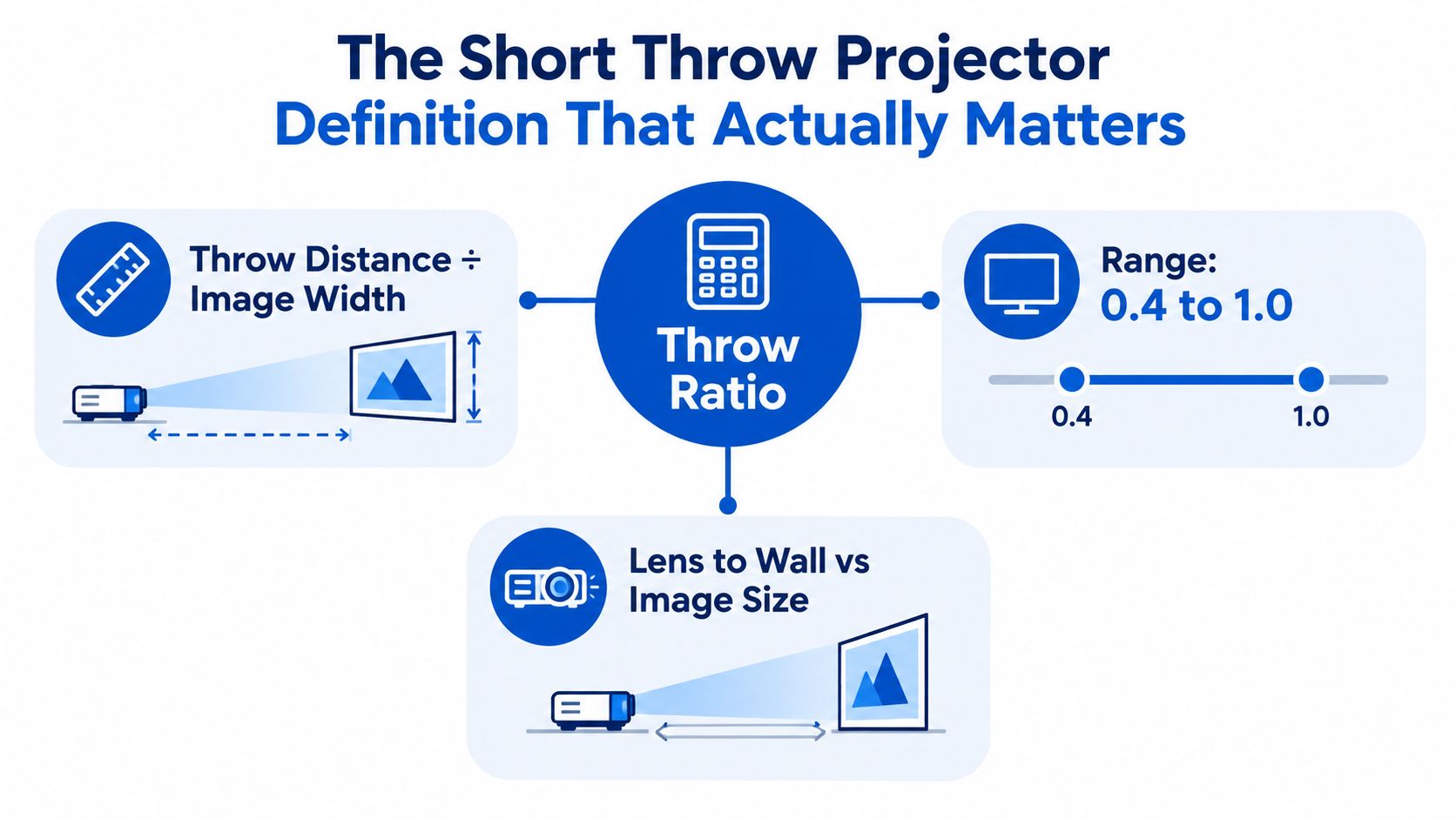 An educational infographic defining short throw projectors, explaining the throw ratio formula and its numerical range.